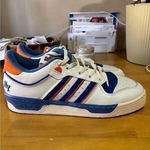 Adidas Rivalry Low New York Knicks White and Blue Sneakers.
